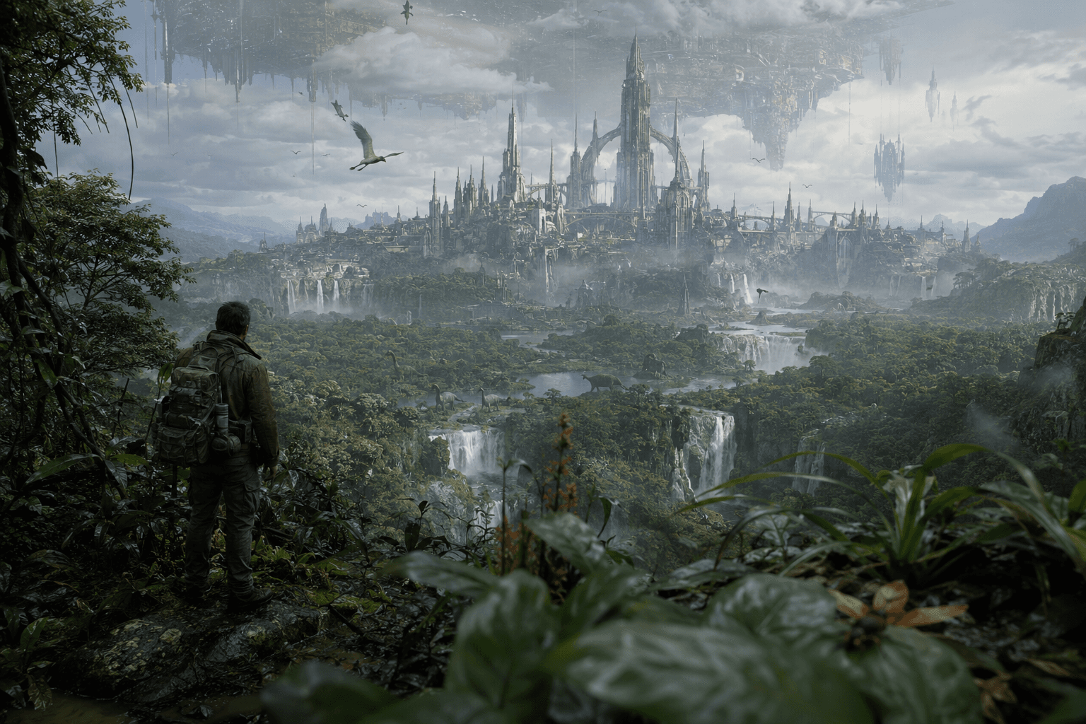 A figure overlooking a vast speculative city in a forest valley