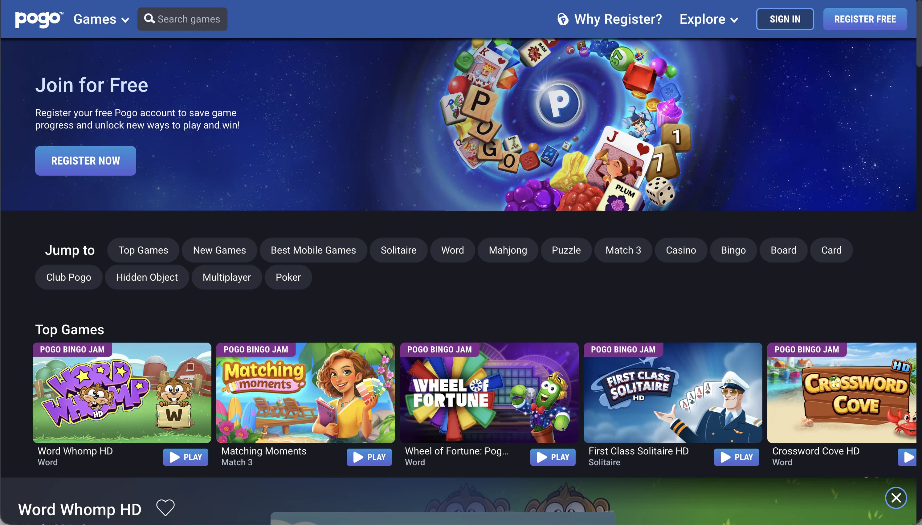 The live Pogo.com home page