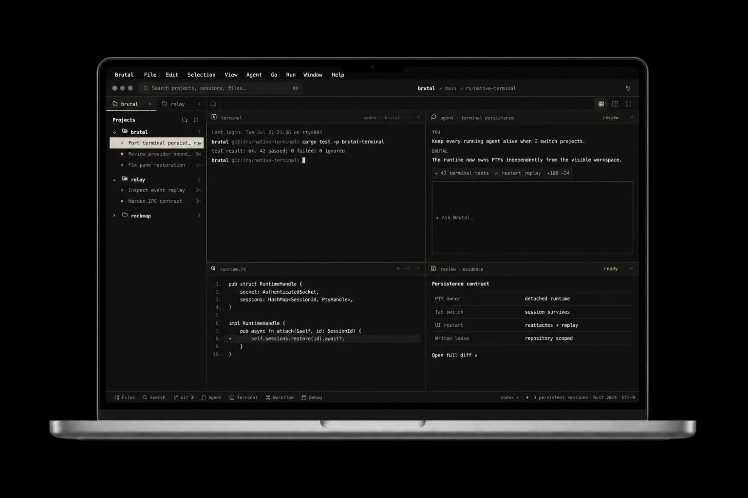 Brutal multi-agent coding cockpit displayed on a laptop