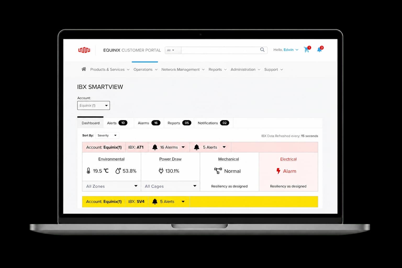 Equinix SmartView infrastructure dashboard displayed on a laptop