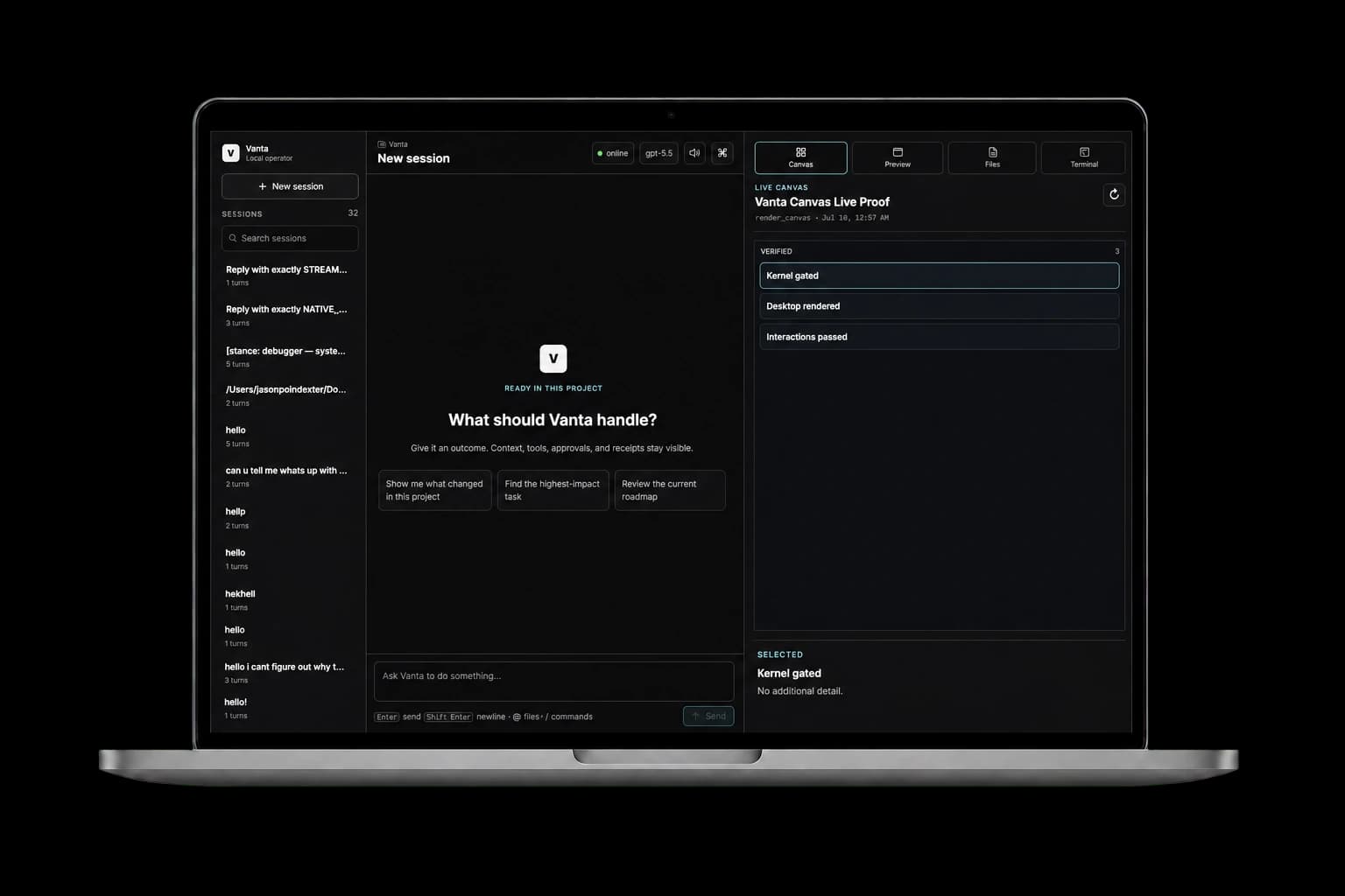 Vanta local AI operator displayed on a laptop