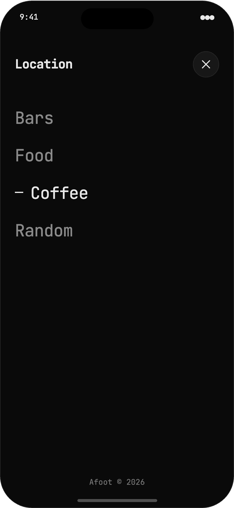 Afoot Location screen