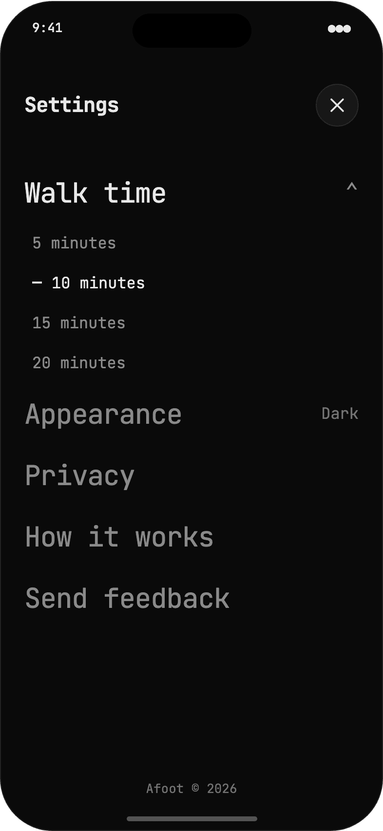 Afoot Settings screen