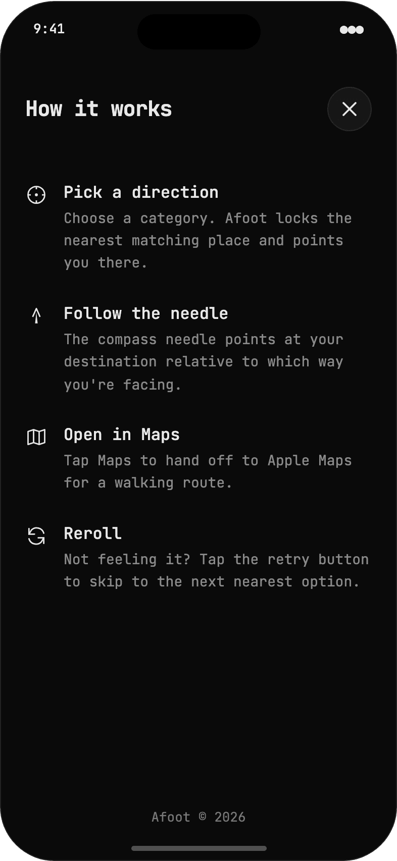 Afoot How it works screen