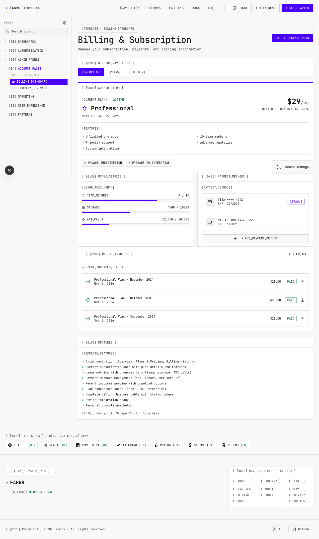Billing dashboard