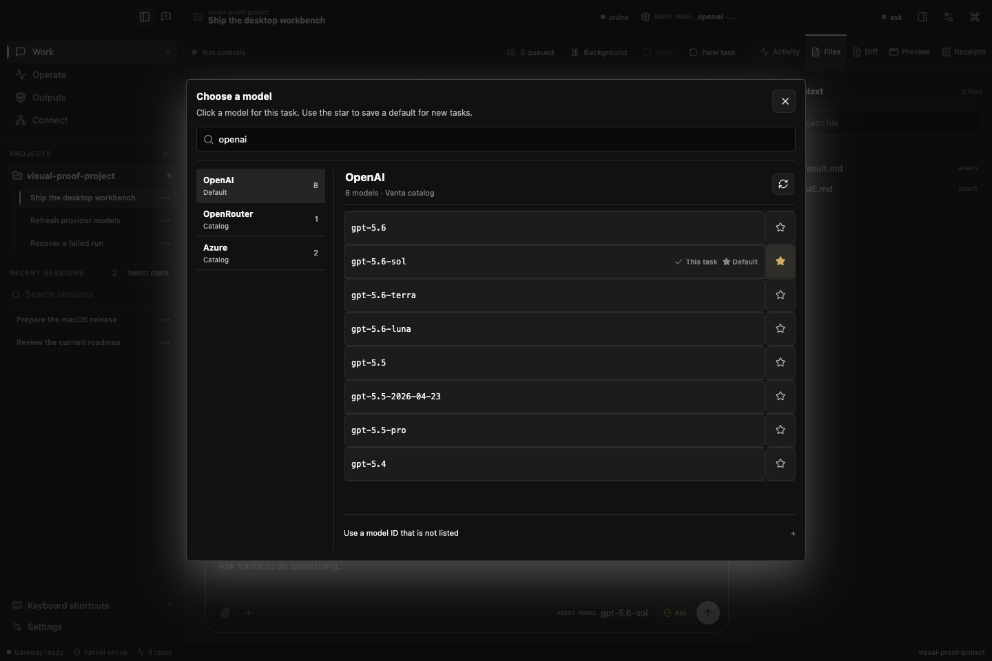 Provider-agnostic in practice. OpenAI, OpenRouter, and Azure catalogs, with a per-task model and a saved default.