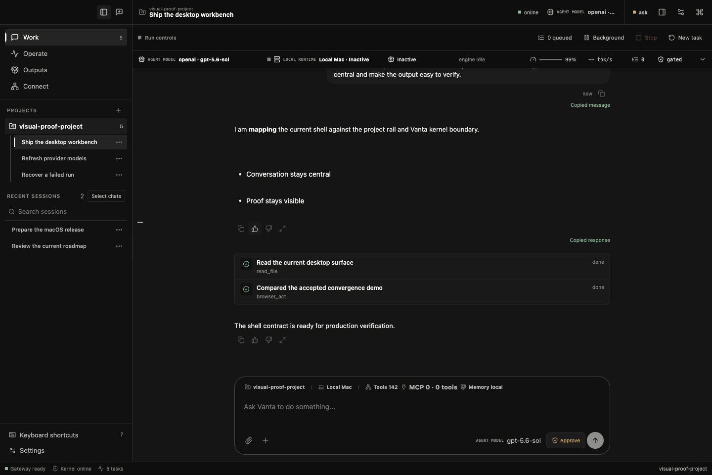 Work. Every tool call is listed and checked off, with runtime, tool count, and gated state always visible.