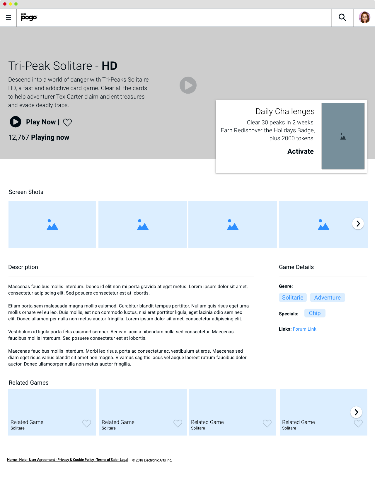 Pogo game detail page after the redesign
